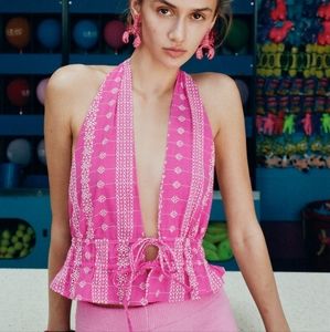 Zara New pink embroidered eyelet halter top open back size M